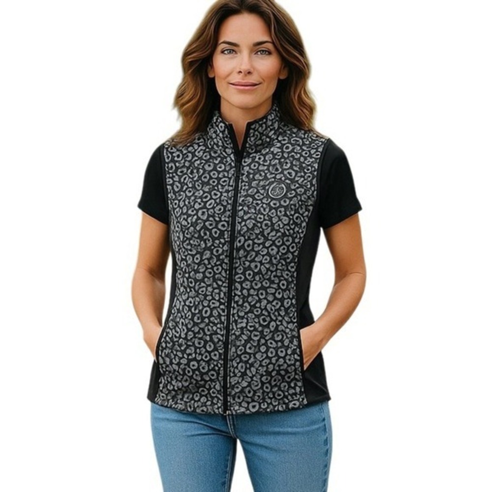 Daily Sports Womens Grey Leopard Print Quilted Golf Vest Black Stretch Full Zip